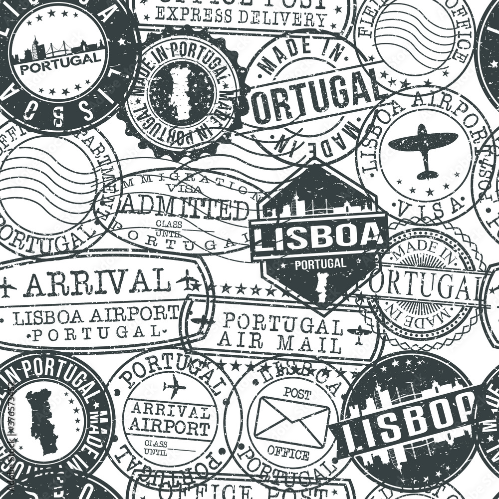 Lisbon Portugal Stamps. City Stamp Vector Art. Postal Passport Travel. Design Set Pattern.