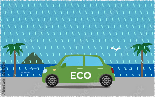 豪雨の中、海沿いの道を進む緑のエコカーのベクターイラスト