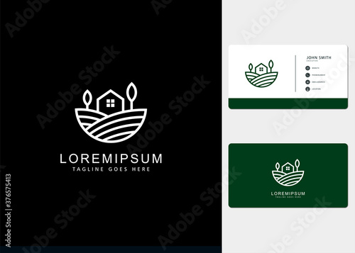 farmhouse garden fields Logo design inspiration with line art style and business cards