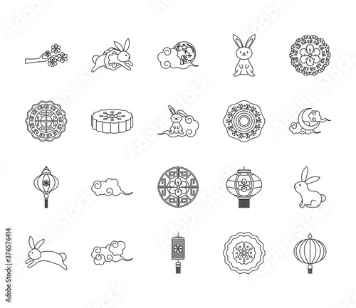 icon set of mid autumn and oriental clouds, line style