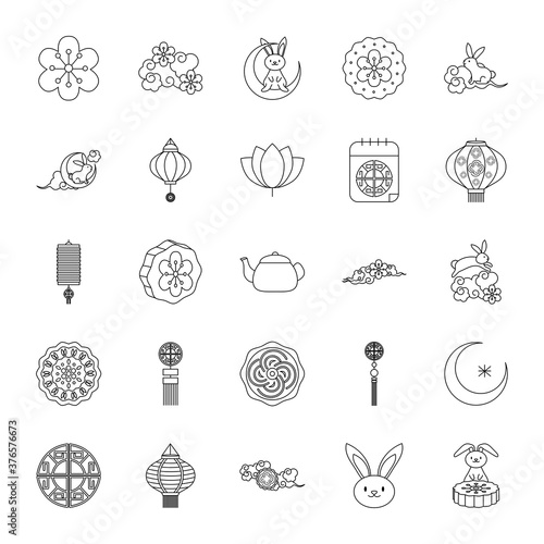mid autumn and cartoon rabbit icon set, line style