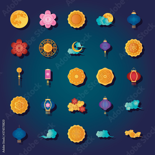 mid autumn icon set, detailed style photo