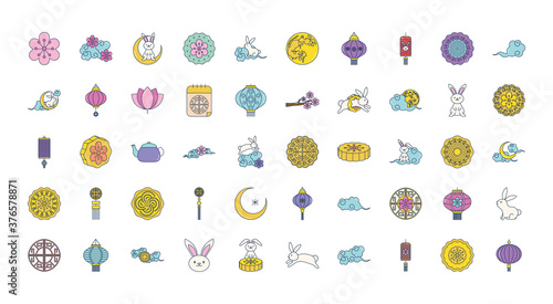 mid autumn icon set, line fill style