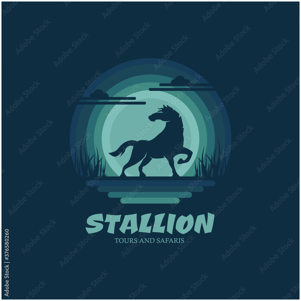 Horse with sky background. Design element for company logo, label, emblem, apparel or other merchandise. Scalable and editable Vector illustration.