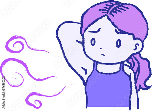 Purple Woman suffering from armpit odor