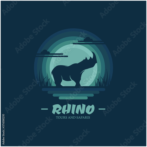Rhino with sky background. Design element for company logo, label, emblem, apparel or other merchandise. Scalable and editable Vector illustration.