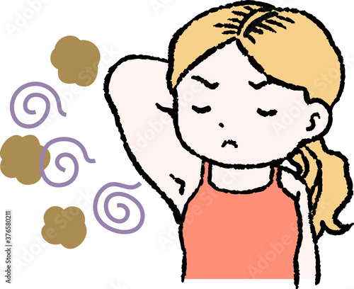 Woman suffering from armpit odor