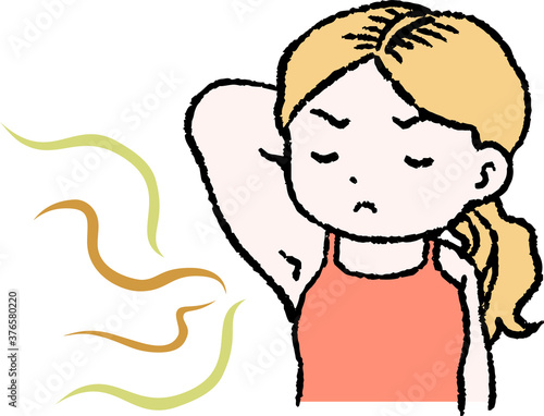 Woman suffering from armpit odor