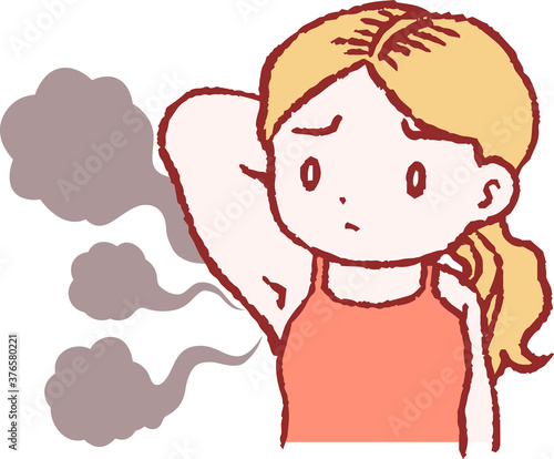 Woman suffering from armpit odor