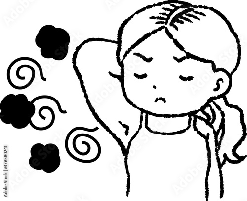 Monochrome Woman suffering from armpit odor