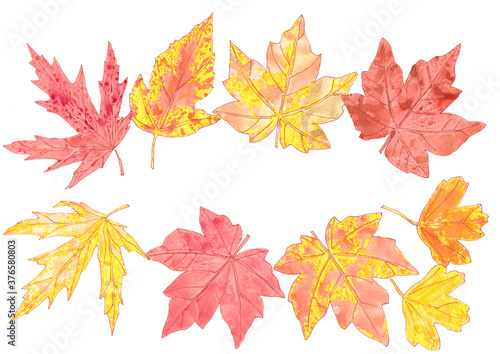 frame of autumn yellow orange red maple leaves on a white background, graphic drawing, copy space