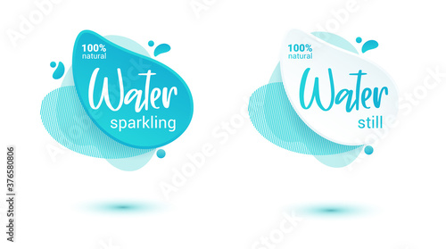 Mineral water tag. Blue label and stikers emblem with drops of water for web and print tag.Still and sparkling water label set. Vector illustration for you design. photo