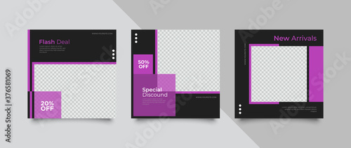 3 Editable square banner layout template. modern promotion square web banner for social media.