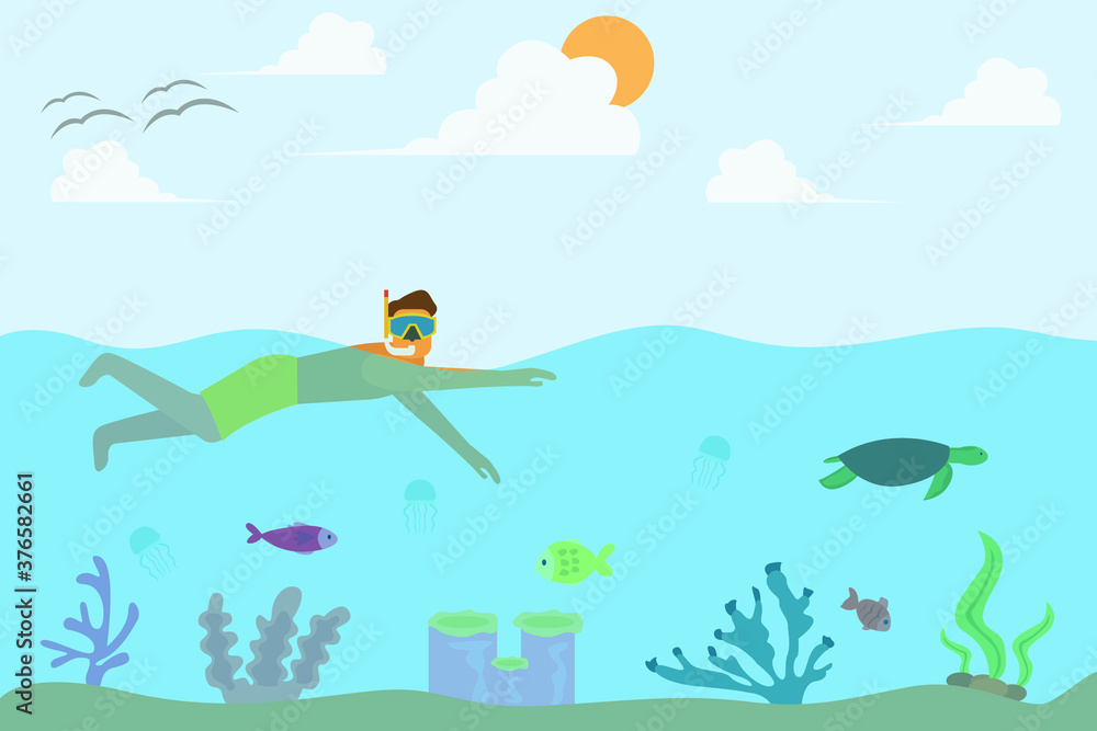 Snorkeling vector concept: Young man enjoying vacation by snorkeling in the sea with fish and turtle
