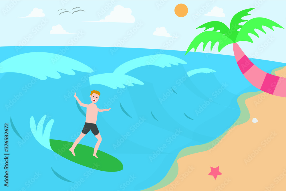 Summer holiday vector concept: Young man enjoying holiday by surfing on the wave at beach