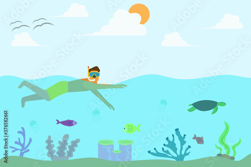 Snorkeling vector concept: Young man enjoying vacation by snorkeling in the sea with fish and turtle © Creativa Images