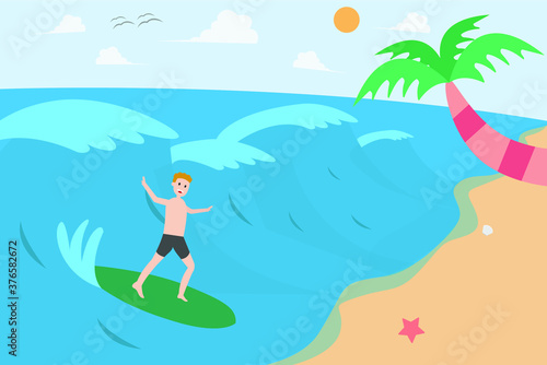 Summer holiday vector concept  Young man enjoying holiday by surfing on the wave at beach