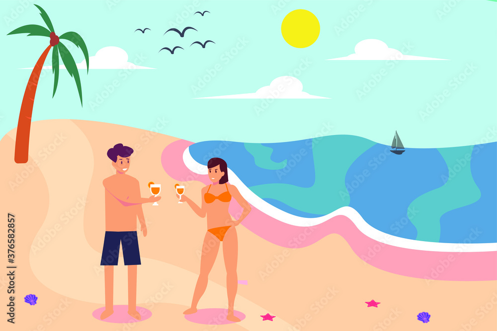 Summer vacation vector concept: Young couple cartoon enjoying fresh drink while wearing swimsuit on the beach