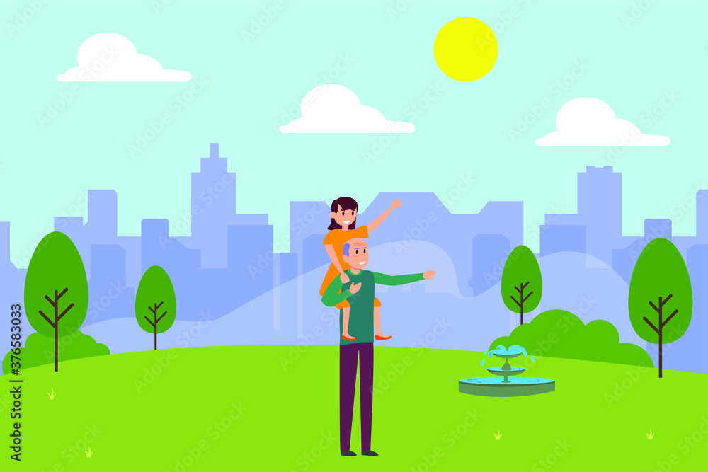 Happy and healthy grandfather vector concept: Grandfather and his cute granddaughter playing together in the park Happy and healthy grandfather vector concept: Grandfather and his cute granddaughter playing together in the park