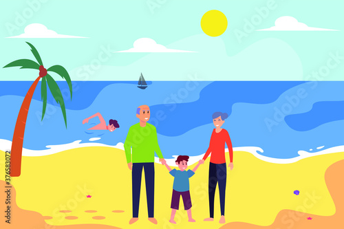Elderly happy lifestyle vector concept: Grandparents and grandson standing in the beach together