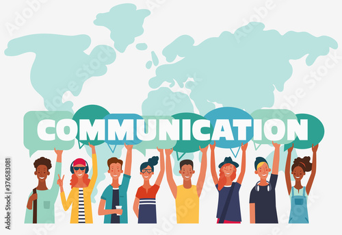 Group of young people with dialog speech bubbles. Communication, teamwork and connection vector concept
