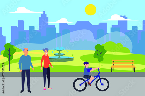 Elderly happy lifestyle vector concept: Cute grandson and grandparents playing with bicycle together in the park