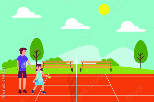 Vector concept: Little girl playing tennis with her father at the outdoor court