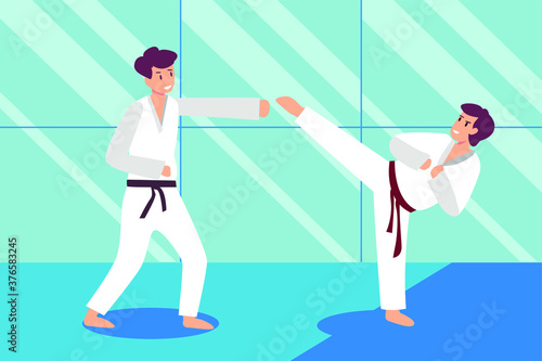 Sport vector concept: Two young men exercising karate by punching and kicking