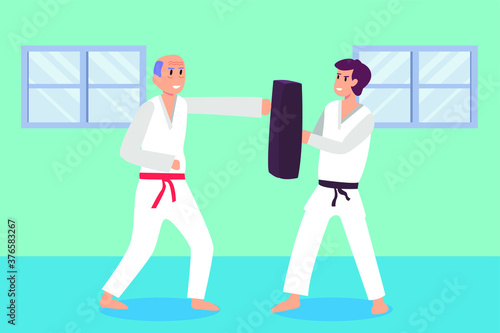 Karate vector concept: Senior man exercising karate by punching a bag with his trainer