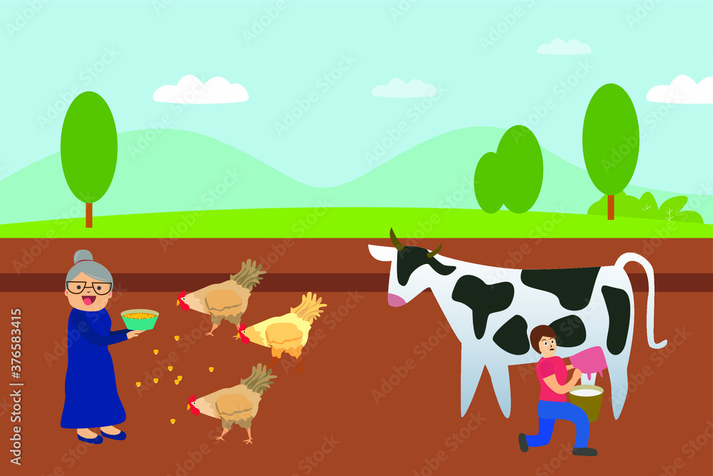 Agriculture vector concept: Senior woman feeding chicken while her daughter taking milk from the cattle