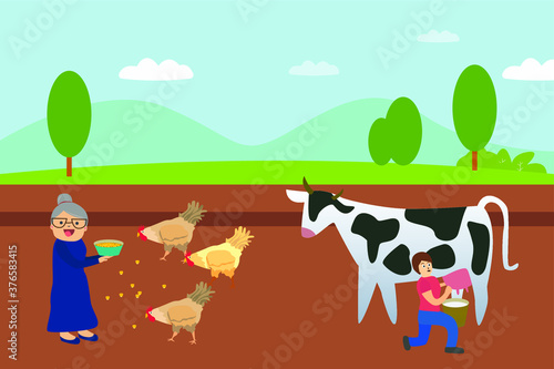 Agriculture vector concept  Senior woman feeding chicken while her daughter taking milk from the cattle