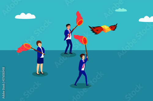 Catching money vector concept: Group of business people catching money coin together in the air