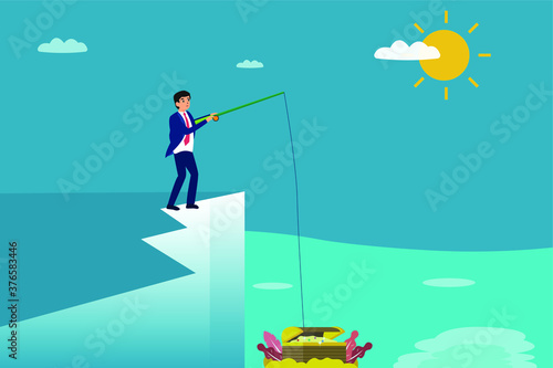 Catching money vector concept: Young businessman fishing the treasures in the ocean while using fishing rod