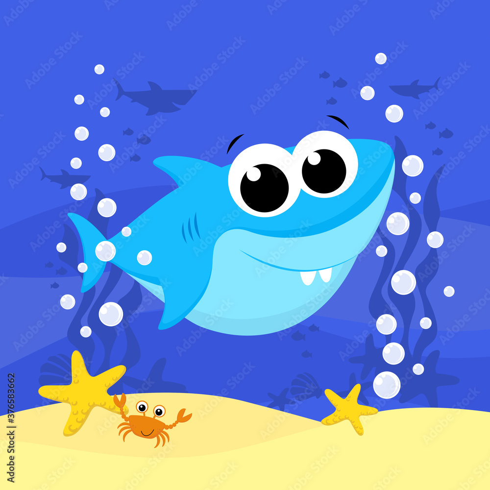 cute baby shark cartoon illustration with bubbles and under the sea