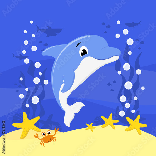cute baby dolphin cartoon illustration with bubbles and under the sea background. Design for baby and child