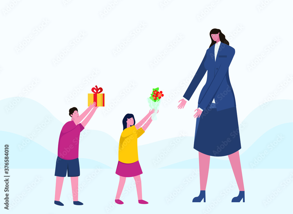 World Teacher Day vector concept: Kids giving a gift box and flower to their teacher World Teacher Day vector concept: Kids giving a gift box and flower to their teacher