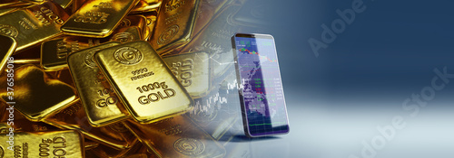 banner of shiny gold bars on financial gold price graph  3d illustration