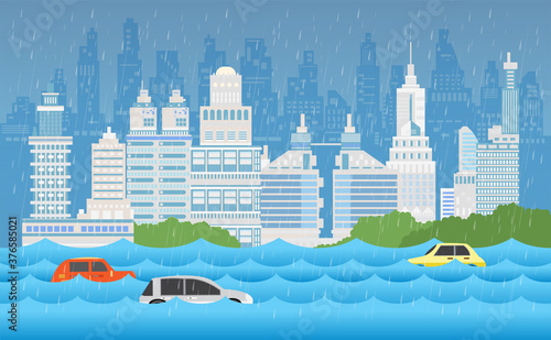Flood disaster, flooding water in city street and cars in water, vector design