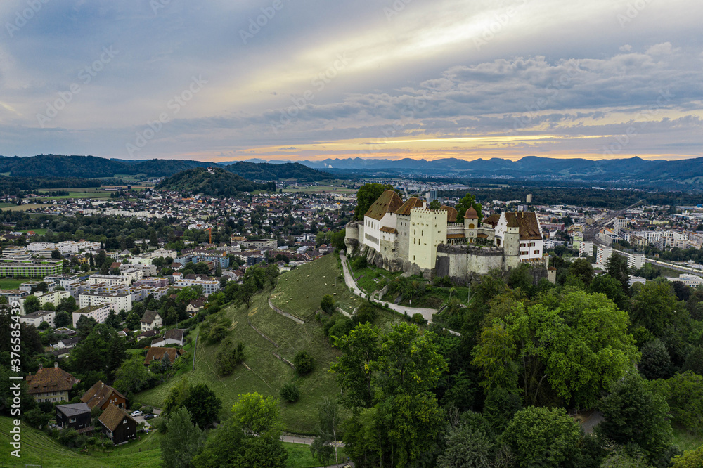 Aerial view of old castle on a summer evening
