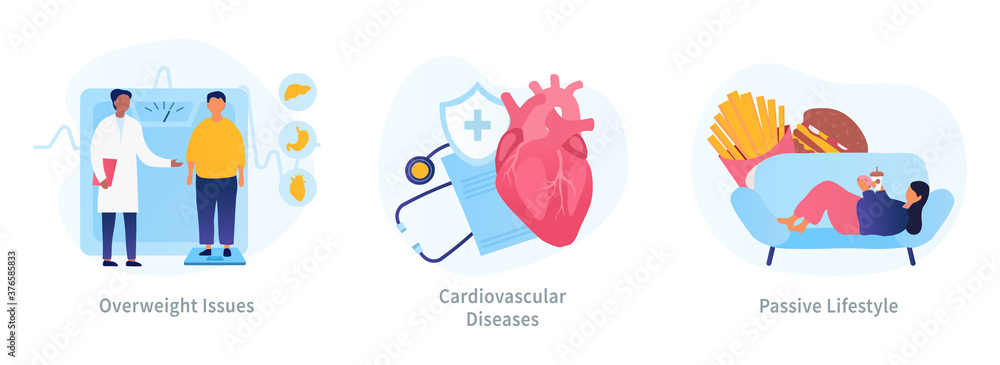 Εκτύπωση καμβά Three designs depicting obesity with a fat man at the doctor, cardiology icons a