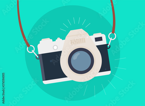 Vintage Camera poster design with sparkling retro camera on a strap over an aqua blue green background, colored vector illustration