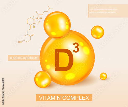 Golden Vitamin D3 complex and molecular diagram in a nutritional, medical and dietary concept, colored vector illustration