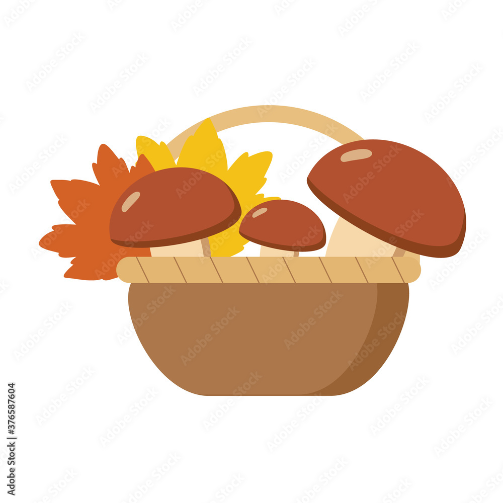 Basket with autumn leaves and mushrooms isolated on a white background. Vector autumn flat cartoon illustration. A decorative element for an autumn card or holiday. Basket with autumn leaves and mushrooms isolated on a white background. Vector autumn flat cartoon illustration. A decorative element for an autumn card or holiday.