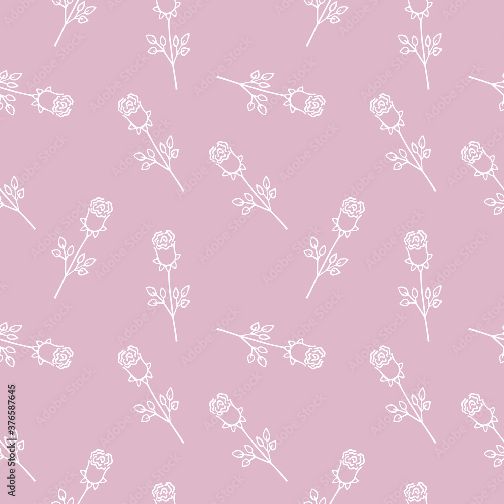 White roses on a pink background. Vector Doodle illustration. Endless