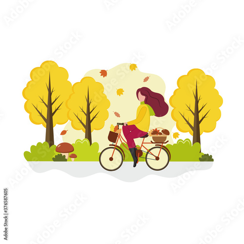 A girl rides a Bicycle through the autumn forest for mushrooms. The concept of outdoor recreation  sports and health. Vector cartoon flat illustration.