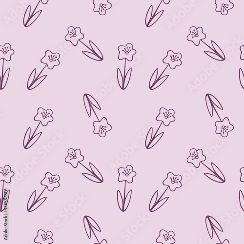Endless seamless pattern with purple daisies on a pink background. Wallpaper for a girl's nursery, sewing clothes, packaging paper. Vector Doodle illustration.