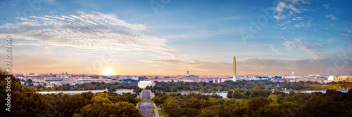 Panorama view of Washington DC skyline when sunset seen from Arlington cemetery, Washington DC, USA.