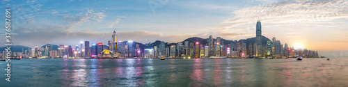 Photography Panorama view of Hong Kong skyline when sunset seen from Kowloon, Hong Kong, China