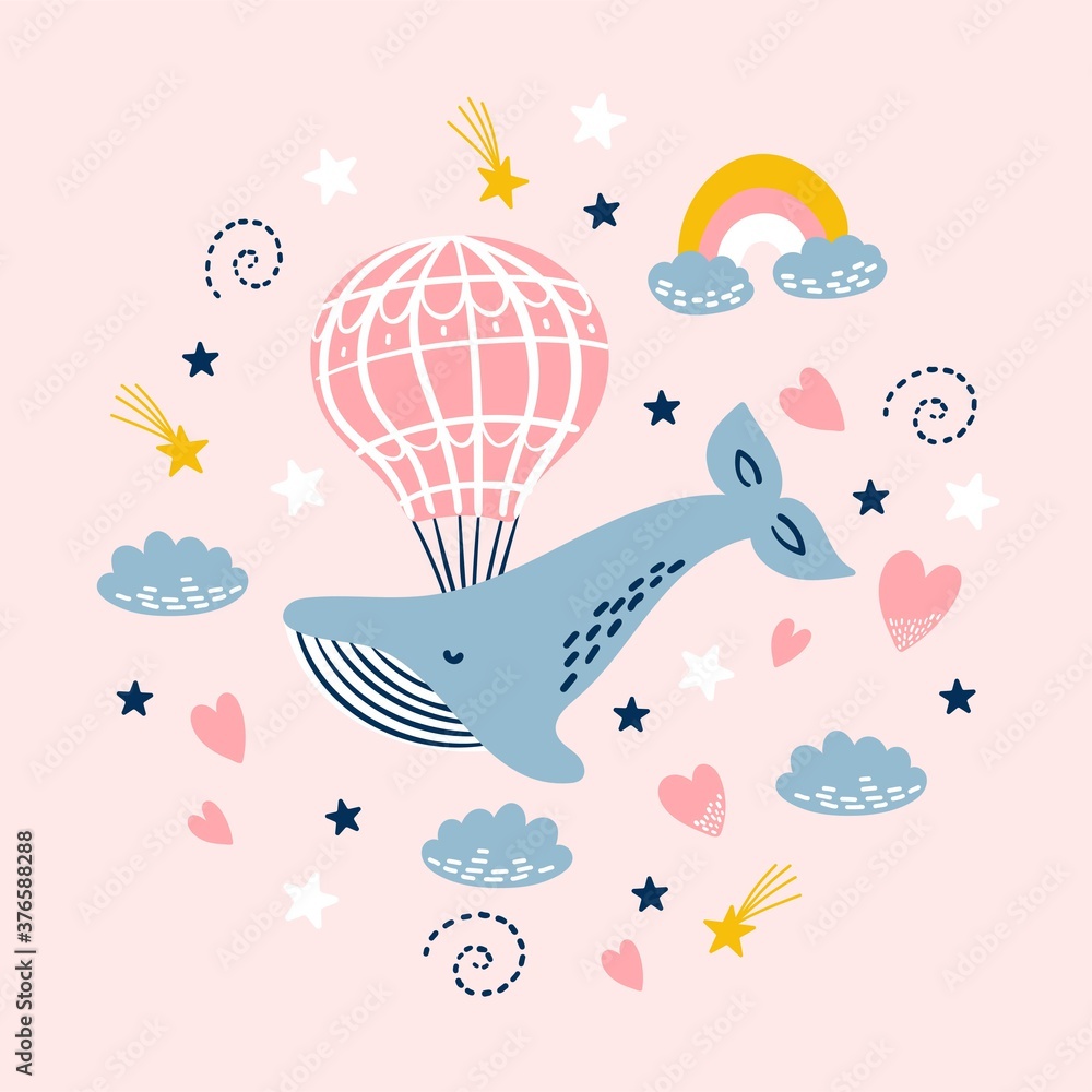 Obraz premium Cute whale with rainbow, cloud and stars.