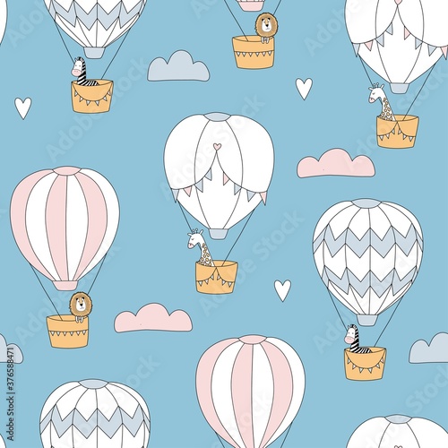 Cute seamless pattern with animals on balloons.